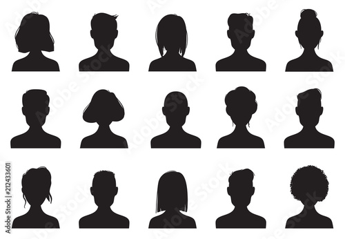 Profile icons silhouettes. Anonymous people face silhouette, woman and man head avatar icon. Chat male or female images vector set