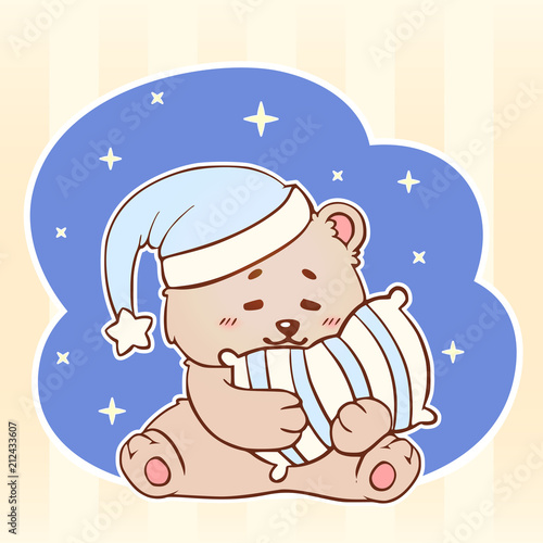 Sleeping bear with pillow Sweet Dreams cute kawaii little Teddy Bear. Good night baby