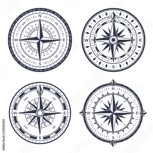 Vintage sea compass. Retro east and west, north and south arrows. Navigation compasses with rose of wind isolated vector set