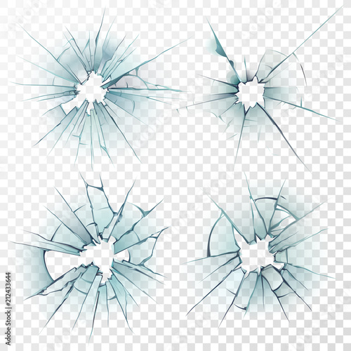 Broken glass. Cracked texture on mirror, smashed windows or damaged car windshield. Realistic crack hole vector set