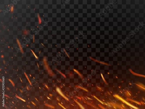 Close-up hot fiery sparkles and flame particles isolated. Inferno fire sparks and flaming flakes dark vector background