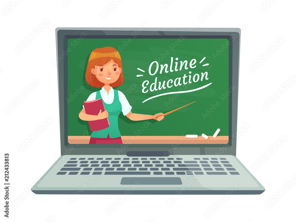 Online education with personal teacher. Professor teach computer technology. School blackboard isolated on laptop vector illustration Online education with personal teacher. Professor teach computer technology. School blackboard isolated on laptop vector illustration