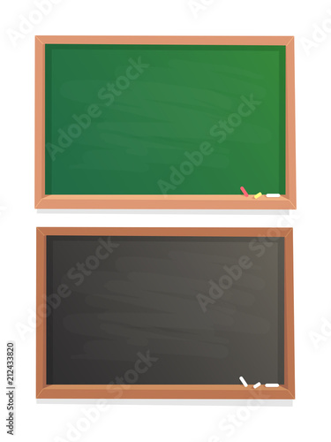 Empty school chalkboard. Black and green chalk blackboard in wooden frame isolated vector background