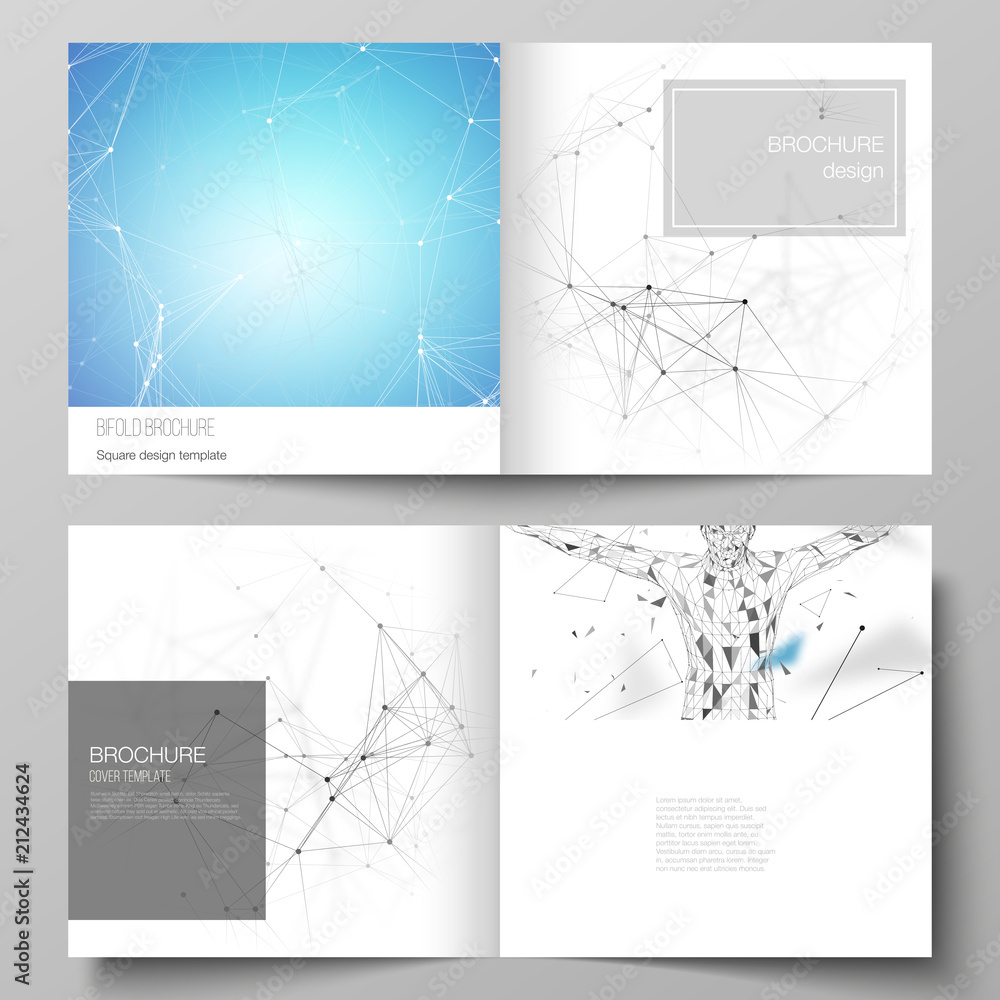 Vector layout of two covers templates for square design bifold brochure, flyer, booklet. Technology, science, medical concept. Molecule structure, connecting lines and dots. Futuristic background