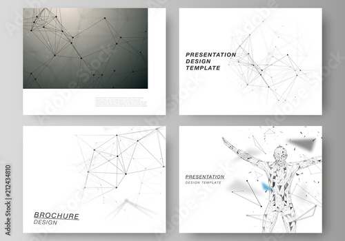 The minimalistic abstract vector layout of the presentation slides design business templates. Technology, science, medical concept. Molecule structure, connecting lines and dots. Futuristic background