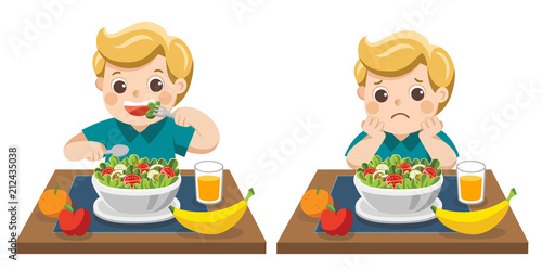 Little boy happy to eat salads and Unhappy to eat salads. Concept of Health and growing children.