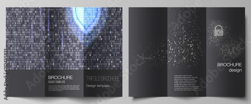 The minimal vector layouts. Modern creative covers design templates for trifold brochure or flyer. Binary code background. AI, big data, coding or hacker concept, digital technology background.