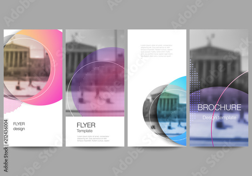 The minimalistic vector illustration of the editable layout of flyer, banner design templates. Creative modern bright background with colorful circles and round shapes.