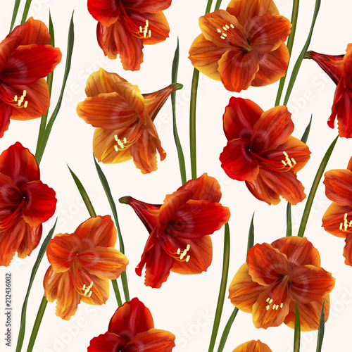 Vector botanical seamless pattern with Luxurious bright red Hippeastrum flowers.Modern floral pattern for textile, wallpaper, print, gift wrap, greeting or wedding background. Spring or summer design.