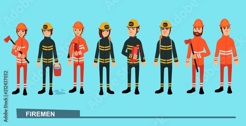 The fire brigade in bright work clothes. Vector illustration