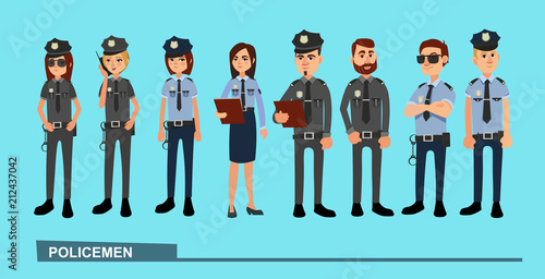 The squad of policemen in work clothes. Vector illustration