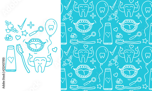 Vector Set Dental care symbols. Seamless pattern and signs isolated on modern color background.