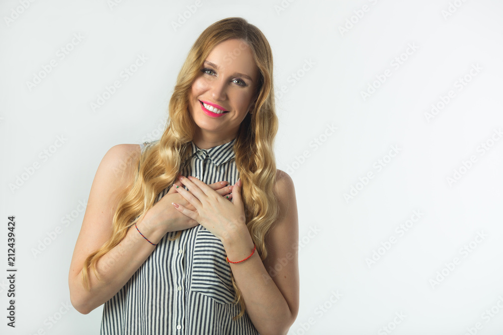 beautiful young girl on white background with hand gesture