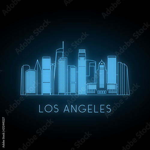 Neon silhouette of Los Angeles city. Glowing blue city landscape. Vector banner.