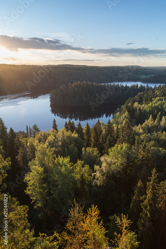 Scenic and beautiful view of a lake and forests from Aulanko's observation point in Hämeenlinna, Finland, at morning in the summer. © tuomaslehtinen