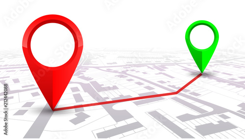 Red and green GPS navigator pointer on city map, from place to place – stock vector
