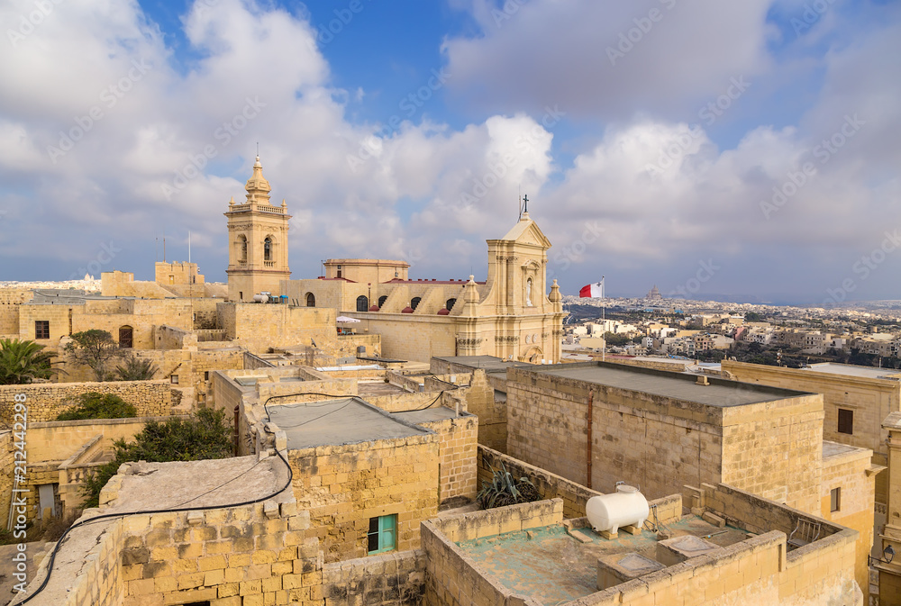 Victoria, the island of Gozo, Malta. The Cathedral and the city buildings inside the Citadel