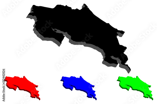 3D map of Costa Rica (Republic of Costa Rica) - black, red, blue and green - vector illustration