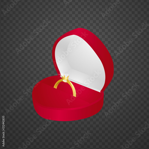 Wedding, engagement ring gold in the red box on transparent background isolate