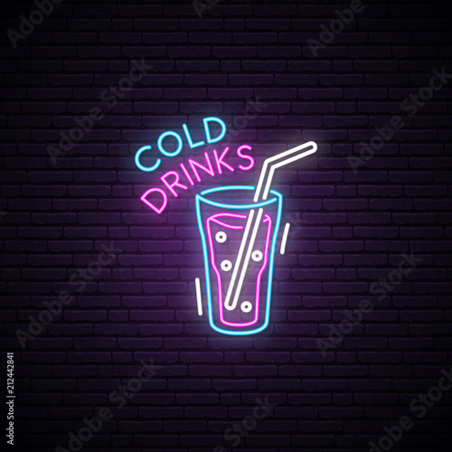 Glowing Glass of cold drink. Neon sign. Signboard for cock