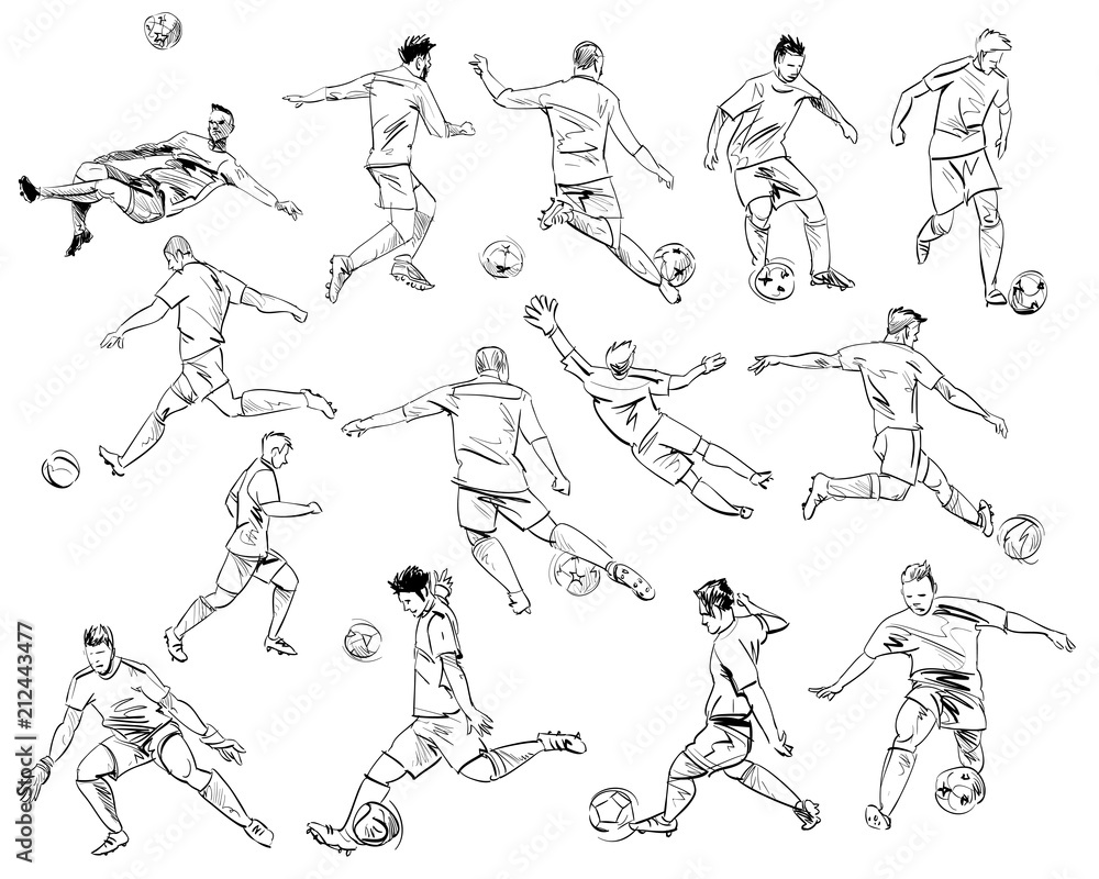 Football players in different poses. Hand drawn sketch. Vector illustration.
