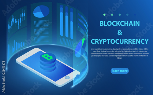 Bitcoin, cryptocurrency, blockchain technology, smartphone connected to network concepts.