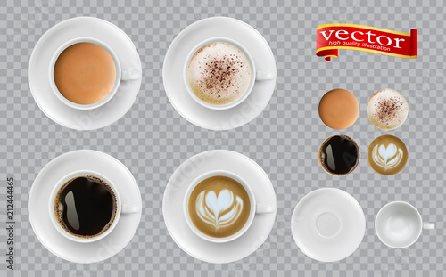 Coffee top view. Mugs with espresso cappuccino cocoa americano.