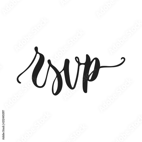 RSVP - hand drawn wedding romantic lettering phrase isolated on the white background. Fun brush ink vector calligraphy quote for invitations, greeting cards design, photo overlays. photo