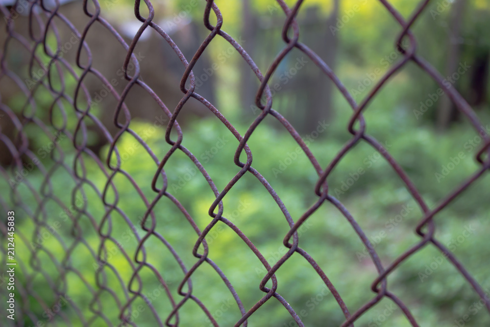 Old steel wire mesh fence with blurred green background close up. Old steel wire mesh fence with blurred green background close up.