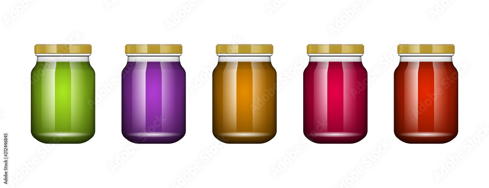 Glass jar with jam and configure. Vector illustration. Packaging collection. Label for jam. Bank realistic. Mock up glass jar without design label and logo. Glass jar with jam and configure. Vector illustration. Packaging collection. Label for jam. Bank realistic. Mock up glass jar without design label and logo.