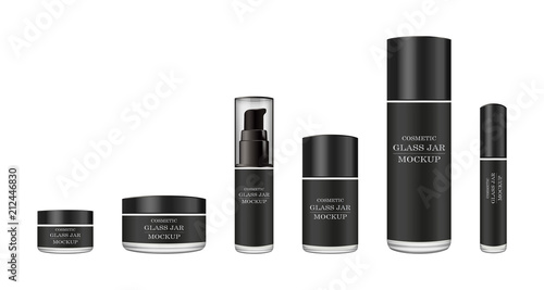 Realistic white glass jar with plastic lid for cosmetics - body cream, butter, scrub, foundation cream, gel, skin care, powder. Premium product. Package template. Vector mock up set.