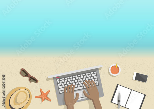 Conceptual vertical summer banner businessman working on beach