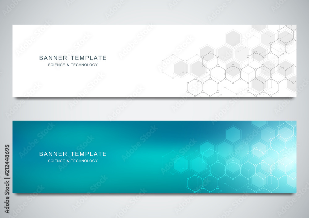 Vector banners for medicine, science and digital technology. Geometric abstract background with hexagons design. Molecular structure and chemical compounds.