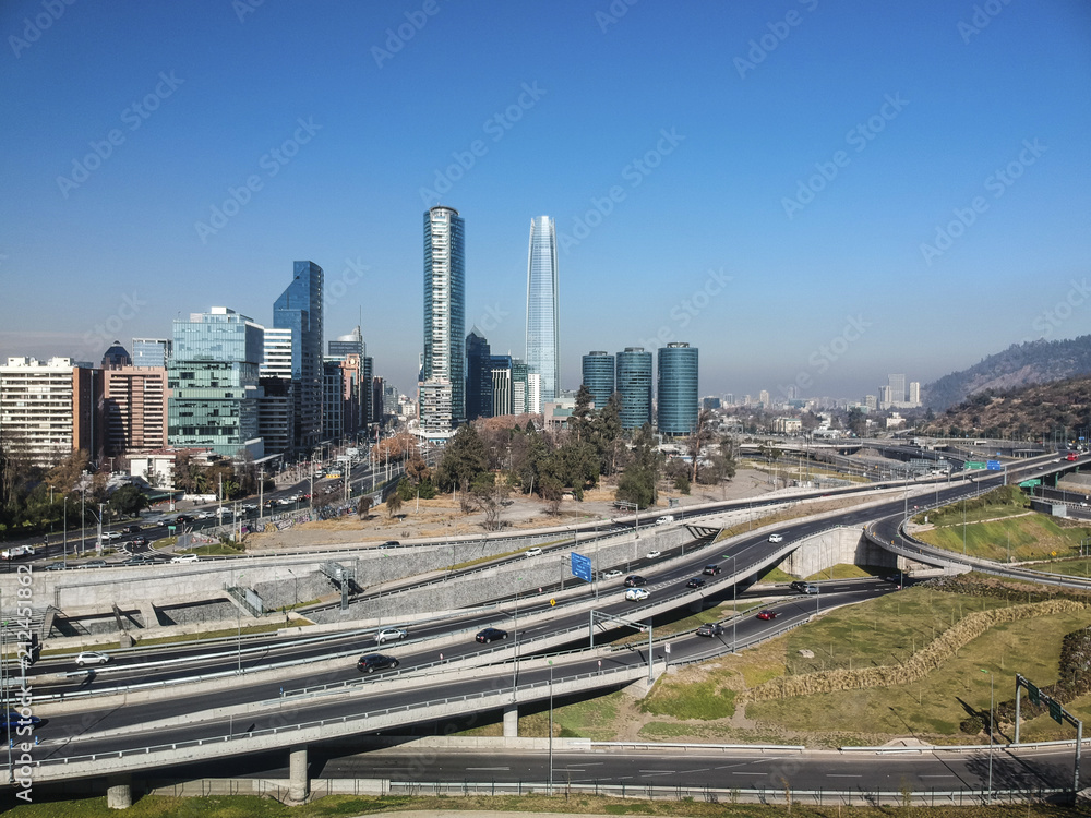 Skyline of financial district of Santiago de Chile. Aerial view from Las Condes