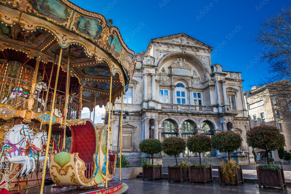 French old-fashioned style carousel with stairs at Place de l'Horloge in Avignon France