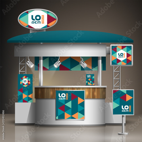 Blue exhibition stand design with color geometric elements. Booth template. Corporate identity