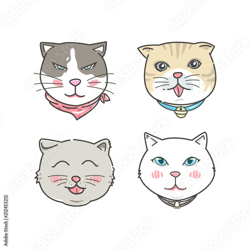 Cartoon cat faces set. Hand drawn style