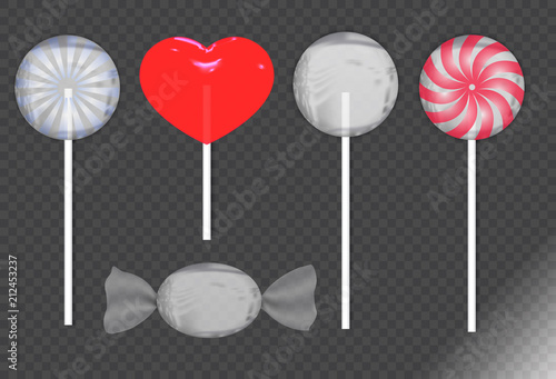 Set of sweets on transparent background - hard candy, bars, candy , lollipop. Vector illustration.