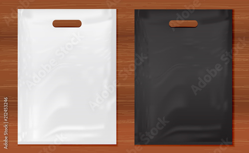 Quality Plastic Bags on wooden background,white and black plastic bag.Mockup set of Realistic Shopping Bag for branding and corporate identity design.Vector set mock up.
