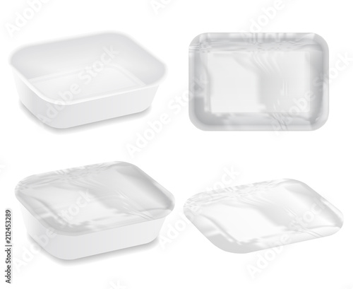 Vector white plastic container for food products on white background.Empty wrapped food tray.Top, side and perspective views isolated over the white background. 3D Packaging template illustration.