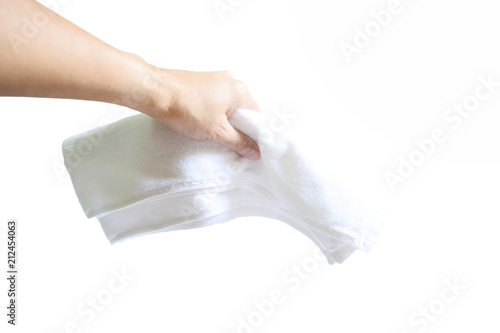 adult hand holding a white towel after exercise on white background isolated