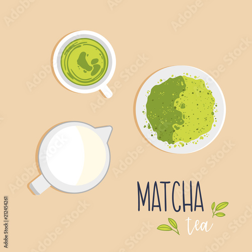 A cup of green Matcha tea with milk pitcher and powdered Matcha tea on a saucer. Top view. Vector flat illustration.