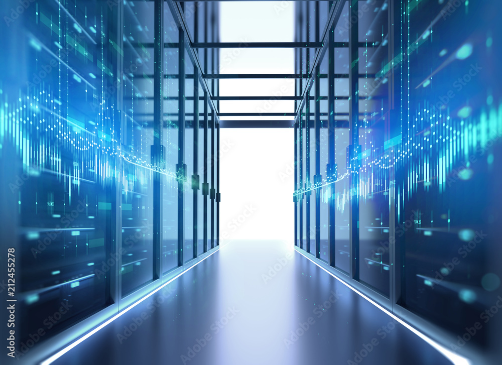 Corridor of server room 3d illustration with node base programming data design element. Corridor of server room 3d illustration with node base programming data design element.