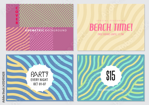 Cover templates set, vector geometric wavy abstract background. Summer Flyer, presentation, brochure, banner, poster design.