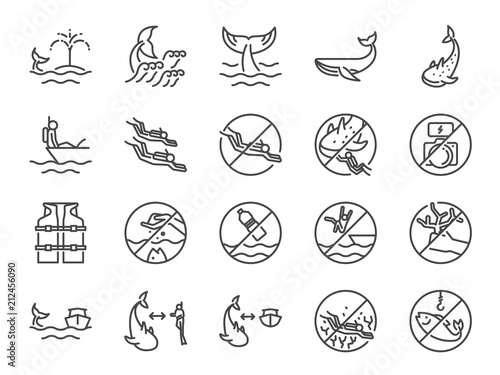 Whale watch icon set. Included icons as Whale watching, scuba diver, diving, marine, ocean traveler, underwater and more.