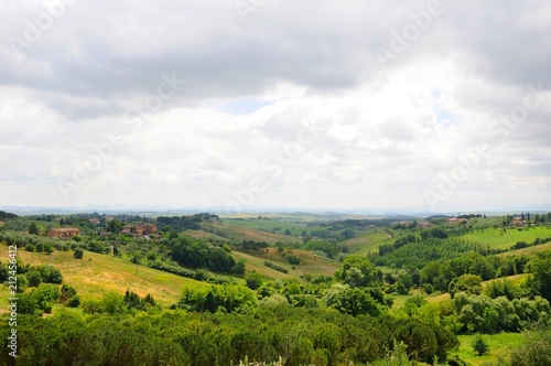 Beautiful landscape of hills  cypress trees and houses in Tuscany  Italy
