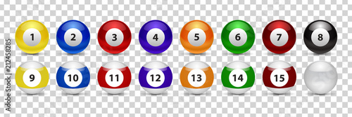 Vector set of realistic isolated billiard pool ball for decoration and covering on the transparent background.
