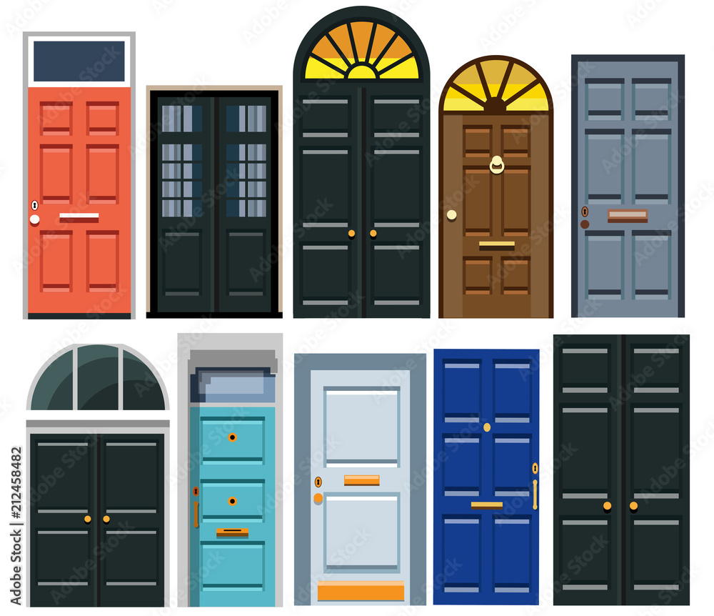 A set of entrance doors in a flat style. Vector illustration Eps10 file