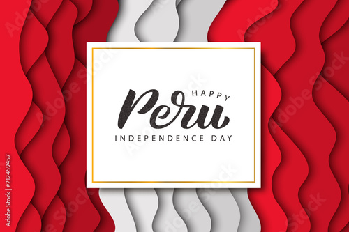 Vector realistic isolated greeting card with typography for 28th July Independence Day in Peru for decoration and covering on the paper cut layer flag background.