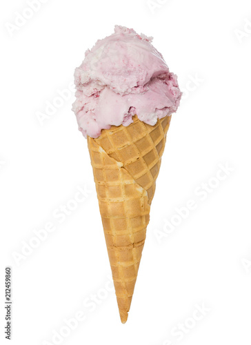 Blueberry ice cream in waffle cone isolated on white